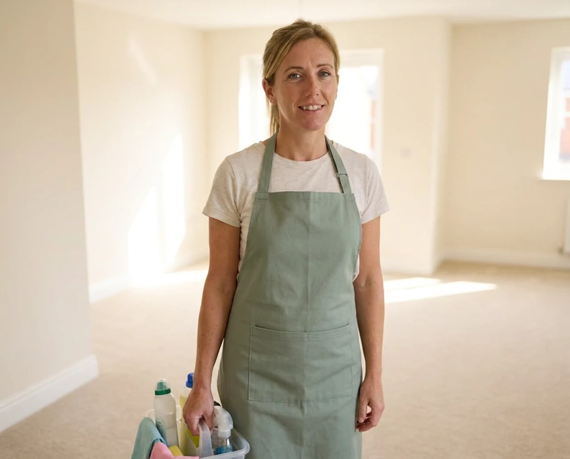 Chantelle with her cleaning caddy in an empty Derby rental after an end of tenancy clean
