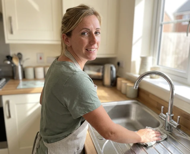 Chantelle Barratt cleaning a kitchen sink in a Derby home