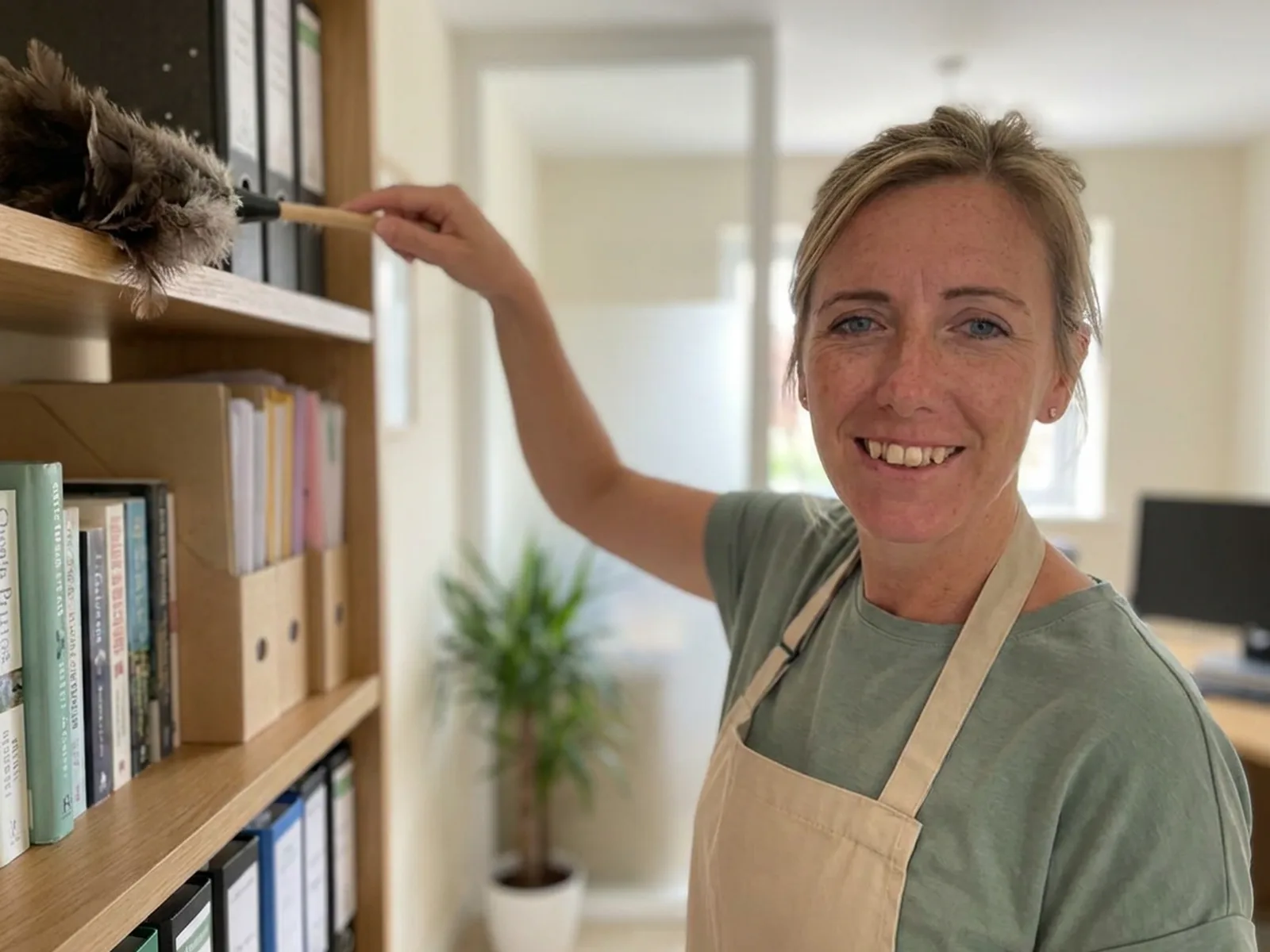 Chantelle dusting office shelving in a small Derby workplace